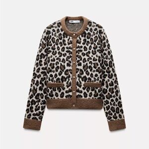 ZARA Taupe and Black Leopard-Print Knit Cardigan